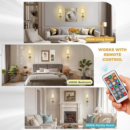 DORESshop Battery Operated Wall Sconce Set of 2, Wireless Wall Light Easy to Install, 15 Color Rechargeable Wall Sconces, Sconce Wall Decor Set of 2 for Bedroom, Living Room, Gold, 27in