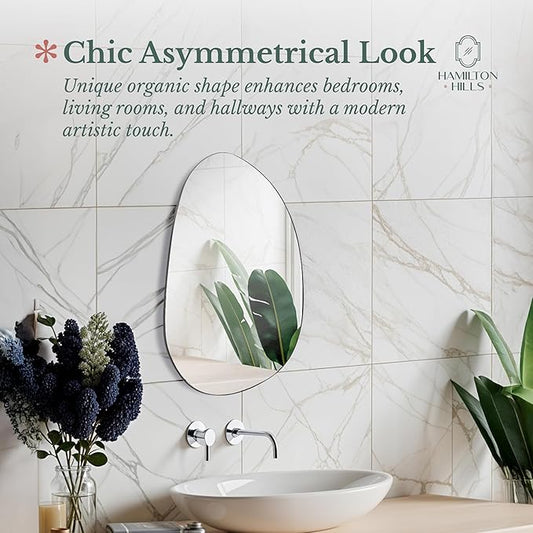 Hamilton Hills Irregular Shaped Wall Mirror - Asymmetrical Accent Mirror - Modern Wall Mounted Mirror - Suitable for Bedroom and Living Room - Frameless Shaped - 33.5" L x 20.5" W