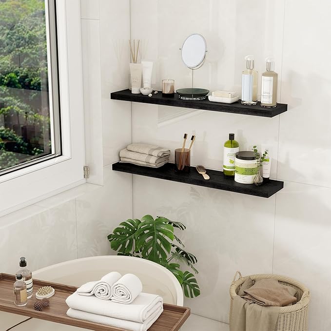 Fun Memories 32Inch Floating Shelves for Wall 2 Pack Wood Shelves for Kitchen, Bathroom, Bedroom Wall Mounted Rustic Wood Floating Shelf with Invisible Brackets for Books, Storage, Decor, Black
