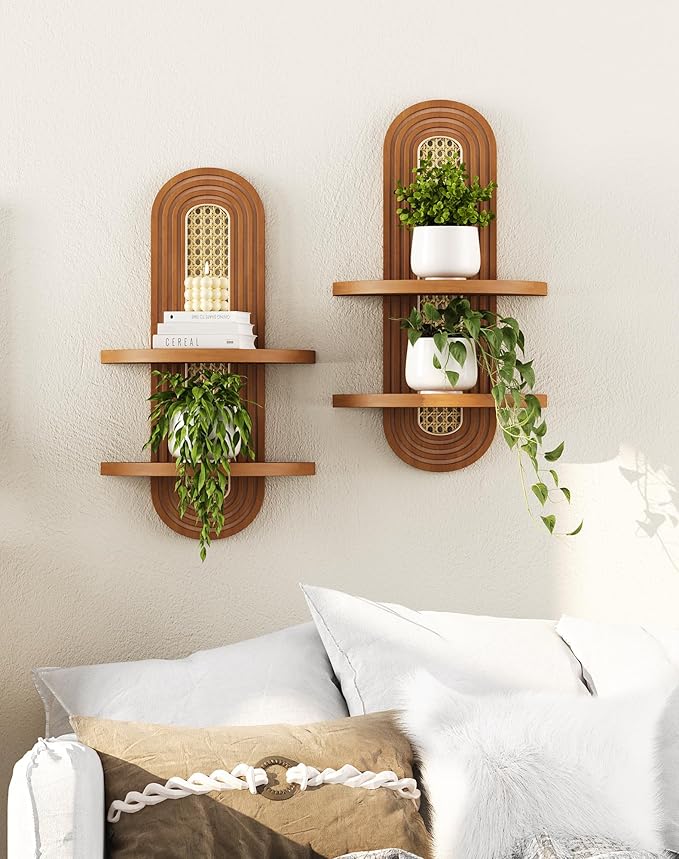 Floating Shelves for Wall,Boho Home Wall Decor,2-Tier Rattan Plant Shelf,Mid Century Hanging Small Decorative Shelf,Natural Wood Shelves for Living Room,Bedroom,House,Office,1-Pack (Walnut)