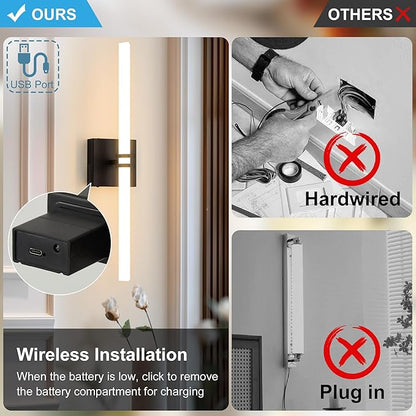 Battery Operated Wall Sconce 1Pack, Black Rechargeable Wall Lights with Dimmable Remote Control, 22 Inch 3000K-6000K LED Wireless Wall Lamps for Bedroom, Hallway, Background Wall