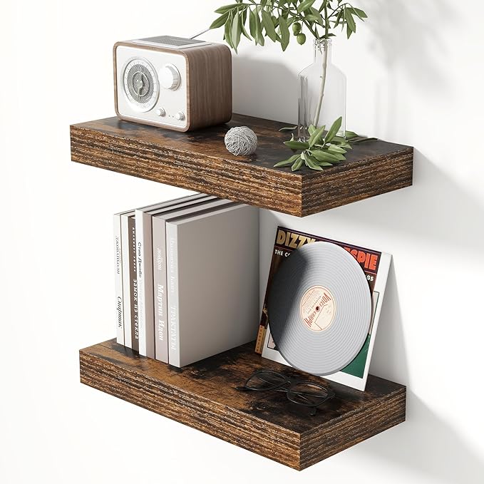 Heimlove 16 Inch Floating Shelves for Wall Set of 2, Rustic Brown Wall Mounted Wood Shelves 8 Inch Deep with Invisible Brackets for Bedroom Kitchen Living Room