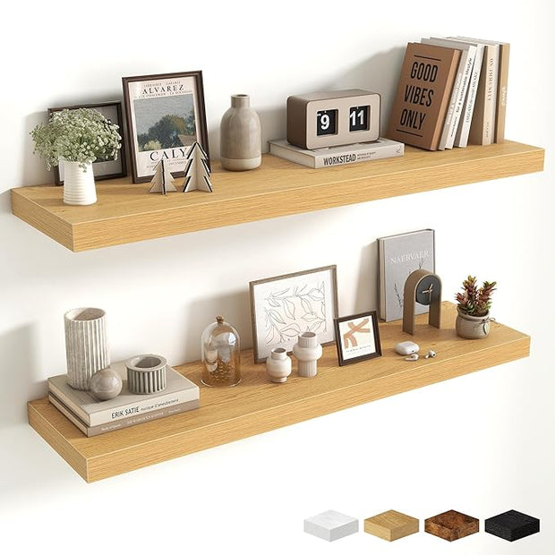 Fun Memories Floating Shelves Set of 2, 40 Inch Long Wooden Wall Shelves, 10 Inch Deep Wall Mounted Storage Shelf with Metal Brackets for Living Room, Bathroom, Bedroom and Kitchen, Oak