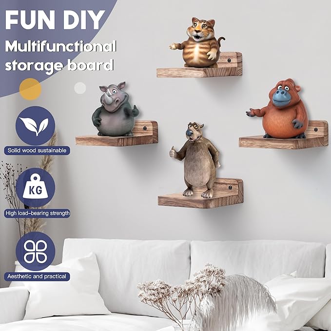 Small Floating Shelf, 4x4 Inch Display Ledges for Wall,Mini Shelves,Rustic Wood Shelf for Bedroom Living Room Bathroom Kitchen (4, Carbonized Black)
