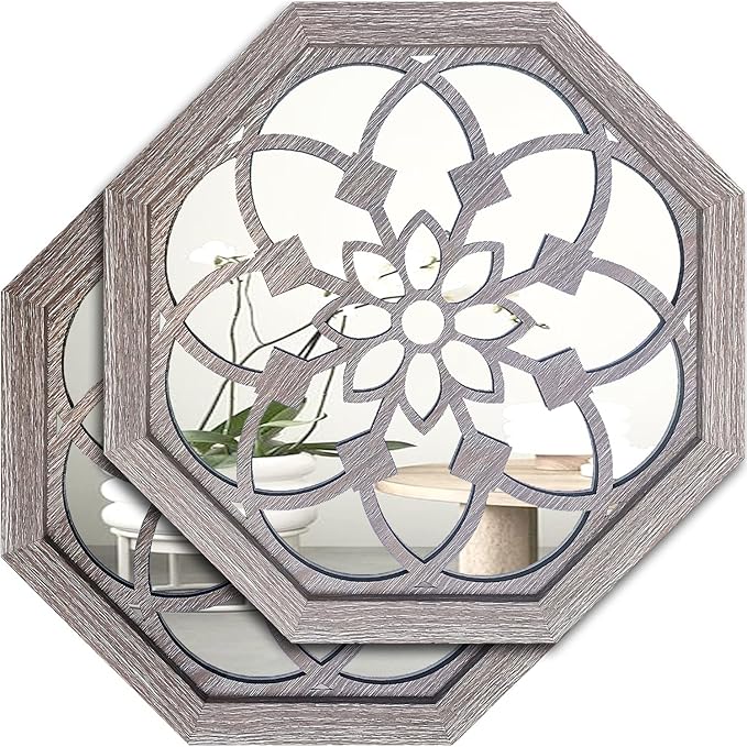 2 PCS 20 inch Octagon Wall-Mounted Mirrors,Vintage Farmhouse Mirror for Wall Decor,Barn Wood Color Decorative Accent Mirror for Foyer, Bathroom, Bedroom. (20”x20”)