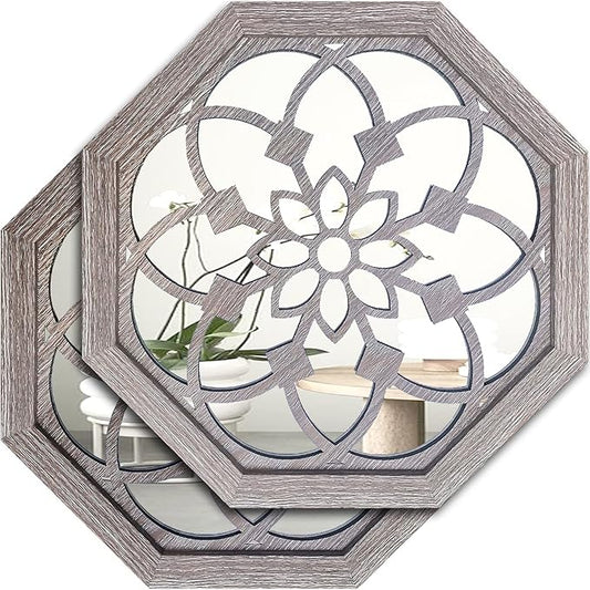 2 PCS 20 inch Octagon Wall-Mounted Mirrors,Vintage Farmhouse Mirror for Wall Decor,Barn Wood Color Decorative Accent Mirror for Foyer, Bathroom, Bedroom. (20”x20”)