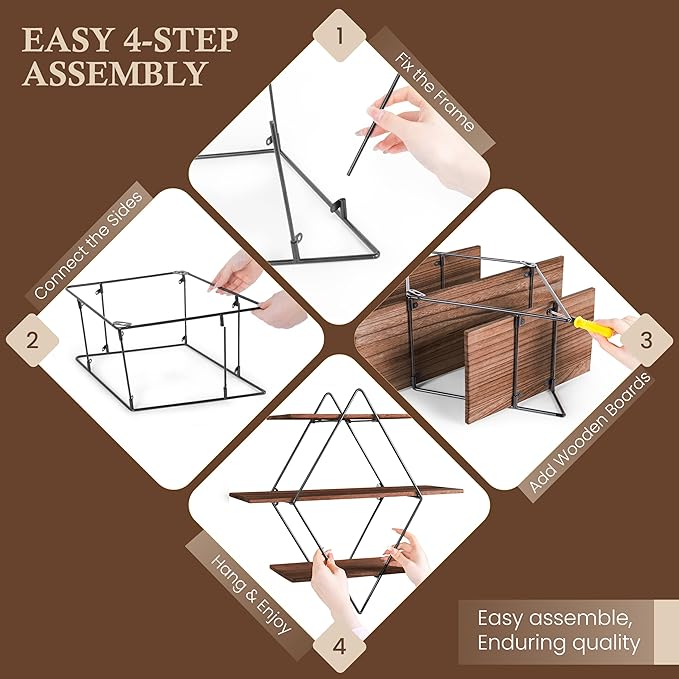 Modern Wooden Floating Wall Shelf Decor for Wall Storage – Geometric Design Decorative Wall Mount 3-Tier Hanging Shelf Plant Display for Bedroom, Living Room, Bathroom, Kitchen