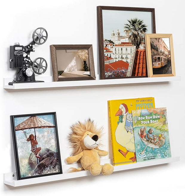 Fun Memories Picture Ledge Shelf, 32 Inch Floating Shelves Set of 2, Large Nursery Book Shelves for Toys Storage, Kids Bookshelf Wall Mounted for Wall Decor Books Photo Frames, White