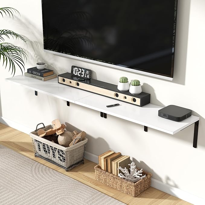 Fun Memories Floating Shelves for Wall, 12 Inch Deep Floating Shelves Set of 2, Wall Mounted Shelf with Metal Brackets, Rustic Wood Wide Shelf for Bathroom, Kitchen and Living Room, White, 36W x 12D