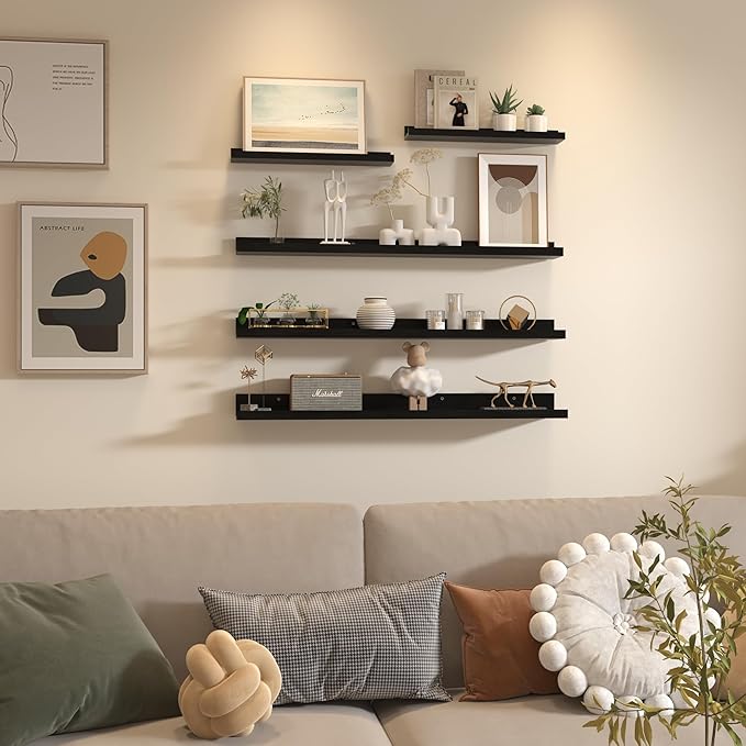 Giftgarden 36 Inch Large Floating Shelves for Wall Set of 5, Black Wood Wall Shelves for Bathroom, Bedroom, Kitchen, Living Room Storage, Wooden Picture Ledge