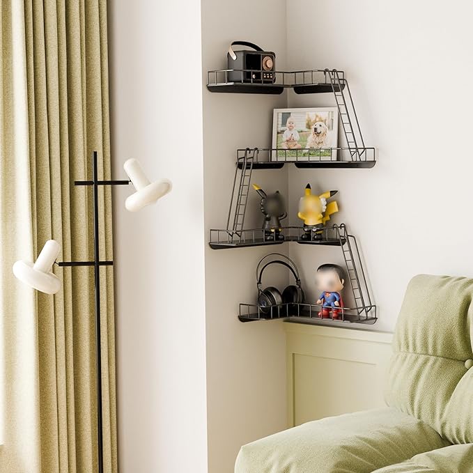 Fire Escape Wall Shelf - Modern City Style 4-Tier Corner Wall Shelves, Easy to Install Metal Ladder Shelf for Figures, New York Decorative Shelves for Bathroom, Living Room & Home Decor,Black