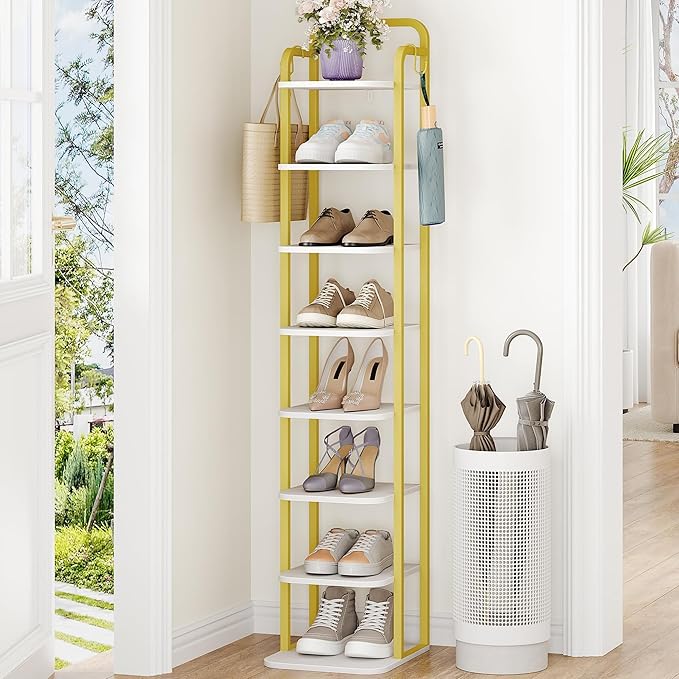 8 Tiers Vertical Shoe Rack, Narrow Shoe Tower, Tall Shoes Shelf with 2 Hooks, Adjustable Shelves, Corner Shoes Shelves for Small Spaces, Entryway, Living Room, White Gold SR04313A