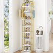 8 Tiers Vertical Shoe Rack, Narrow Shoe Tower, Tall Shoes Shelf with 2 Hooks, Adjustable Shelves, Corner Shoes Shelves for Small Spaces, Entryway, Living Room, White Gold SR04313A