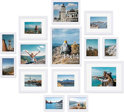 Vittanly 14 Pack Picture Frames Collage Wall Decor, Gallery Wall Frame Set with 2Pcs 11x14, 6Pcs 8x10 and 6Pcs 5x7 Photo Frames, Picture Frame Set for Wall Collage or Tabletop Display, White