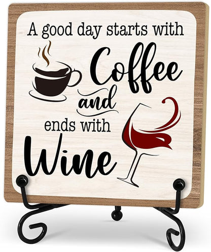 Coffee And Wine Desk Decor Sign, Rustic Wooden Sign With Stand, A Good Day Starts With Coffee And Ends With Wine Sign For Farmhouse Home Kitchen Bar Shelf Table, Gifts For Family Friend Coworker-05
