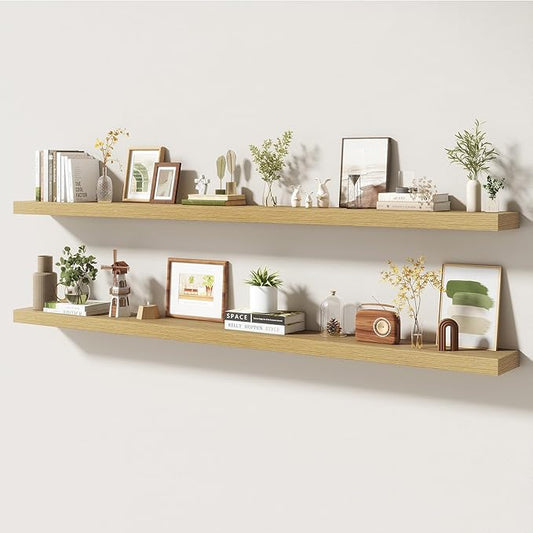 72 Inch Floating Shelves | 6.5 Inch Deep Oak Floating Shelves Set of 2 | 72" W x 6.5" D Rustic Oak Shelves with Invisible Brackets for Bathroom Living Room Bedroom
