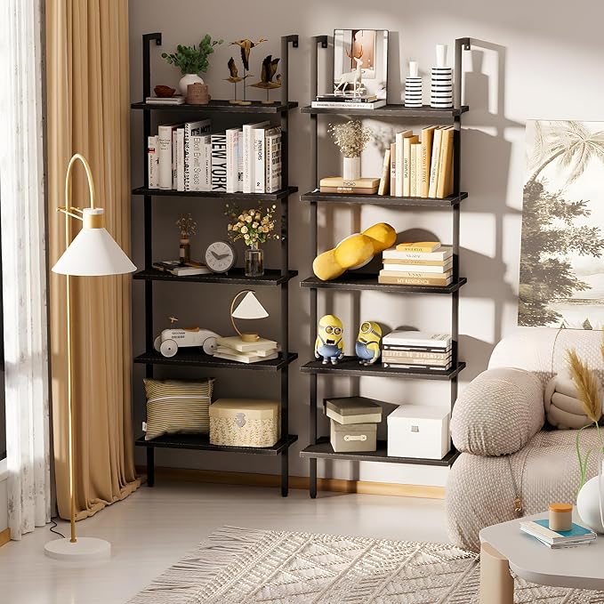 aboxoo Ladder Shelf 2PCS Open Bookshelf 5-Tier Wood Wall-Mounted Black Bookcase Storage Rack Open Industrial Modern Plant Stand Utility Organizer Bookcase Metal Frame Furniture Office Kitchen Bedroom
