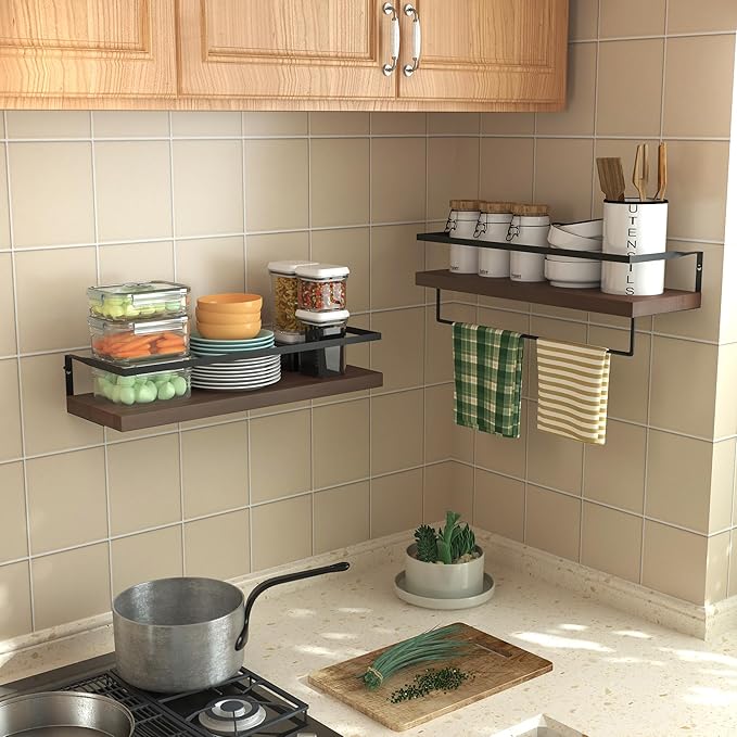 Wood Floating Shelves Wall Mounted - 2+1 Tier Rustic Bathroom Wall Shelves Over Toilet with Towel Bar, Natural Wood Set of 2 Farmhouse Floating Shelf for Bathroom, Kitchen, Bedroom, Dark Brown