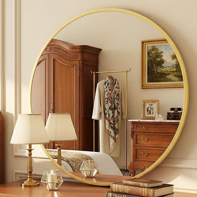 Antok 24 Inch Round Mirror for Wall, Round Bathroom Mirror, Circle Wall Mirrors with Gold Metal Frame, Circle Mirrors Suitable for Wall, Bathroom, Vanity, Living Room, Entryway