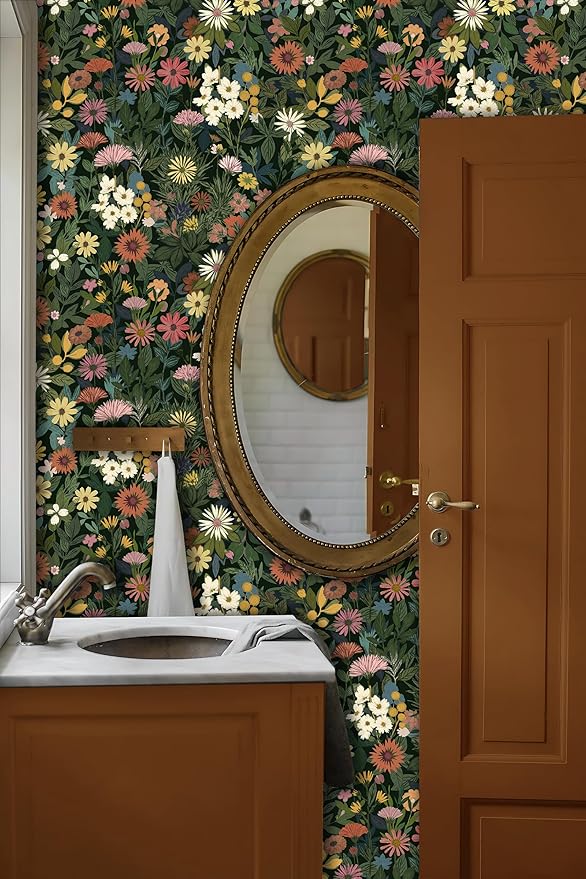 Peel and Stick Wallpaper Boho Wall Paper Removable Green Floral Contact Paper for Bedroom, Bathroom, Kitchen 17.3“ x 236.3”