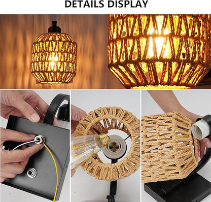 lobolighting Boho Rattan Wall Sconces Set of Two Hardwired Hand-Woven Farmhouse Wall Lamps Indoor Rustic Wall Mount Light Fixtures for Bedroom Living Room Nursery Hallway (Bulbs Not Included)