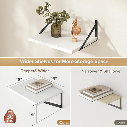 Deep Floating Shelves Wall Mounted, 16"x12" White Wall Shelves with Brackets Set of 2 for Bedroom, Living Room, Bathroom, Kitchen, Office - Storage & Display Shelf for Decor, Books, Plants
