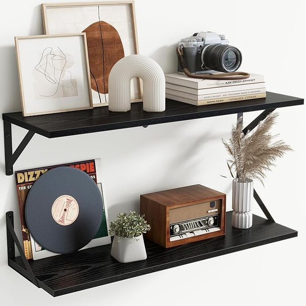 Floating Shelves with Black Metal Brackets Set of 2,30" Wx8 D Wall Mounted Shelves Floating Bookshelf,Hanging Storage Shelf for Living Room,Bedroom,Bathroom,Office,Black