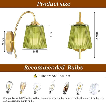 Vintage Battery Wall Sconce with Flower lampshade,Rechargeable Battery Powered Wall Lights,Wall lamp with 15 Colors for Bedroom Living Room Home Decor (Green Stripe, 2 Light Battery Operated)
