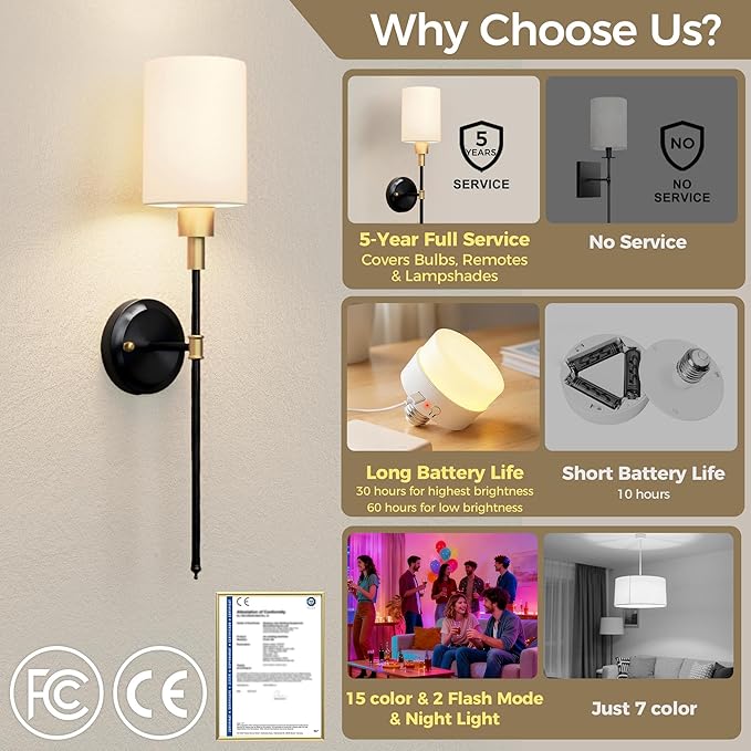 DORESshop Battery Operated Wall Sconce Set of 2, Wireless Wall Light Easy to Install, 7 Color Rechargeable Wall Sconces, Sconce Wall Decor Set of 2 for Bedroom, Living Room, Gold and Black, 24.3in