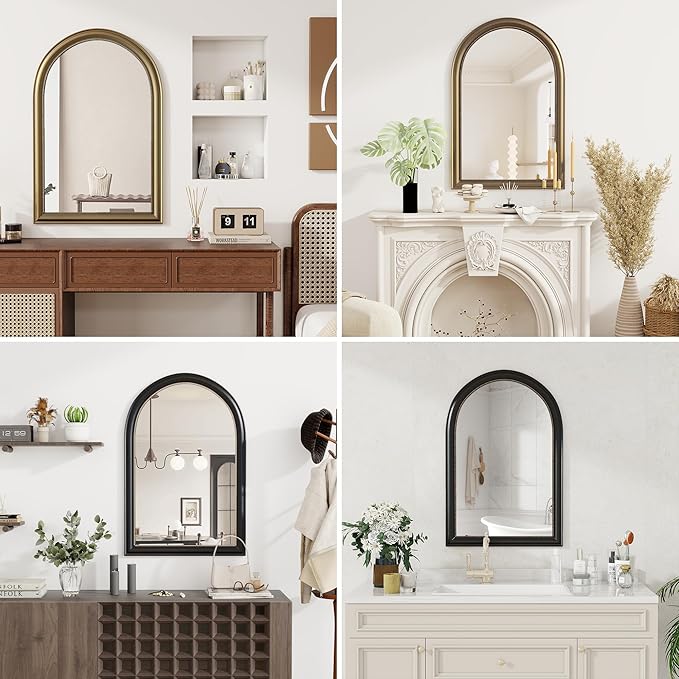 Axeman 24x36 Arched Wall Mirror, Decorative Bathroom Mirror, Traditional Vintage Wall Mounted Mirror with Beaded Frame for Accent Living Room Vanity Bedroom Entryway, Gold