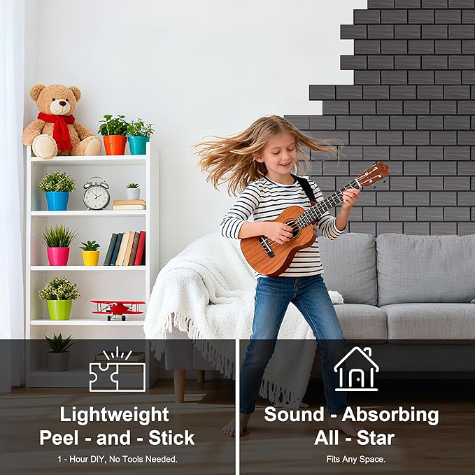 WoveN SounD Brick Acoustic Wall Panels, 16 Pack 16x12 Inch, Wood Veneer Carved Sound Proof Wall Decor, Self-Adhesive for Home, Studio, Office & Focus Zones, Black Oak