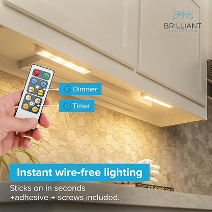 Brilliant Evolution Stick On Touch Wireless Lights with Remote - 8.5"L Battery-Powered LED Under Cabinet Lighting for Kitchen, Closet, Pantry - 2 Pack Easy Install and Adjustable Brightness, 80 Lumens