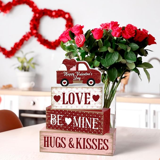 Marsui 4 Pcs Valentine's Day Decorations Truck Wooden Signs Rustic Distressed Table Decor Valentines Centerpieces Blocks Farmhouse Tiered Tray Decor Happy Valentine Day Decorations for Home Desk Shelf