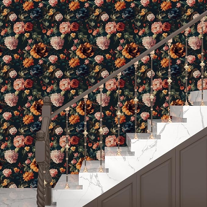 Colorful Floral Peel and Stick Wallpaper Gothic Dark Contact Paper Orange Flower Vintage Wall Mural for Bedroom Bathroom Vinyl Waterproof Self Adhesive Removable Renter Dorm Wall Paper 17.5