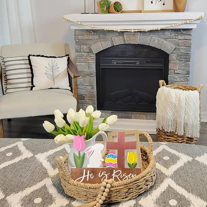 He is Risen Wood Block Table Sign Wooden Bunny Tulips Cross Table Top Decorations Tiered Trays Desk Shelf Easter Home Office Coffee Bar Decor 6 Pieces