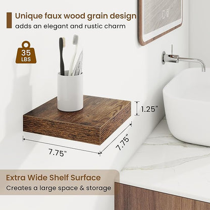 Square Floating Shelves for Wall, 8"W x 8"D x 1.25"H, 3 Pack Small Wall Mounted Engineered Wood Shelves with Invisible Brackets for Living Room, Bedroom, Bathroom, Kitchen Decor, Rustic Brown