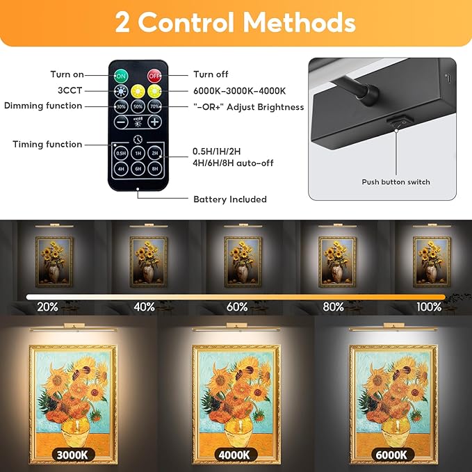 Picture Light for Wall Battery Operated, 16" Rechargeable Art Light with Remote and Timer for Painting, 3 Color Temps, Wireless Wall Light for Display, Artwork, Portrait, Gallery, Black