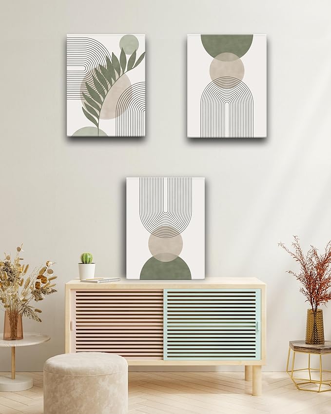 30x40CM Sage Green Boho Wall Art,Framed Canvas Bathroom Wall Art Pictures, Mid-Century Modern Wood Framed Abstract Prints for Bedroom,Minimalist Office Wall Decor 3Pack