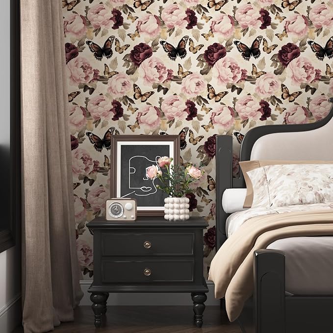 Butterfly Floral Wallpaper Peel and Stick, Vintage Beige/Pink Contact Paper 17.5" x 393", Boho Flower Wall Paper Self Adhesive Waterproof Removable for Bathroom Shelves Cabinet Drawer Table Decor