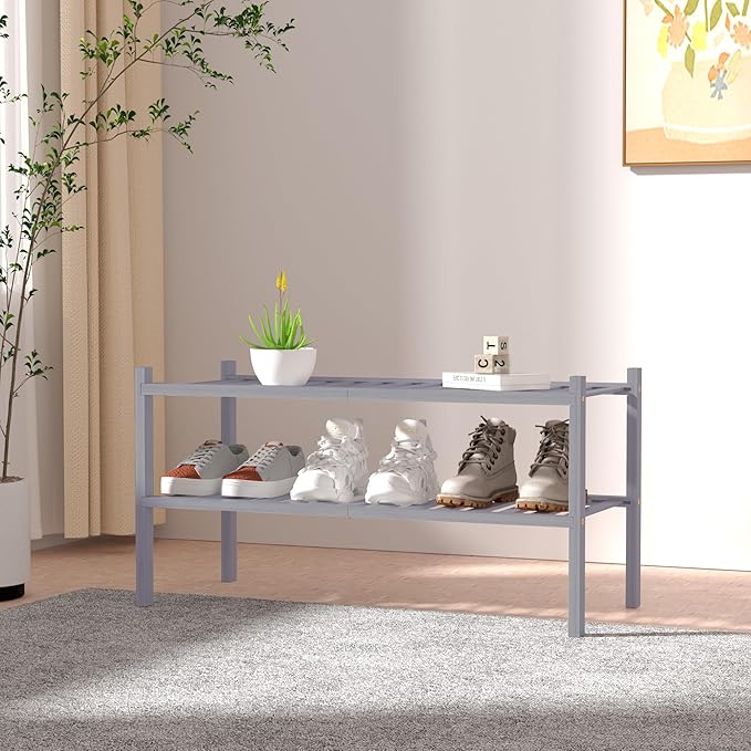 2 Tier Bamboo Shoe Rack for Closet Free Standing Wood Shoe Shelf for Entryway Small Space Stackable 27
