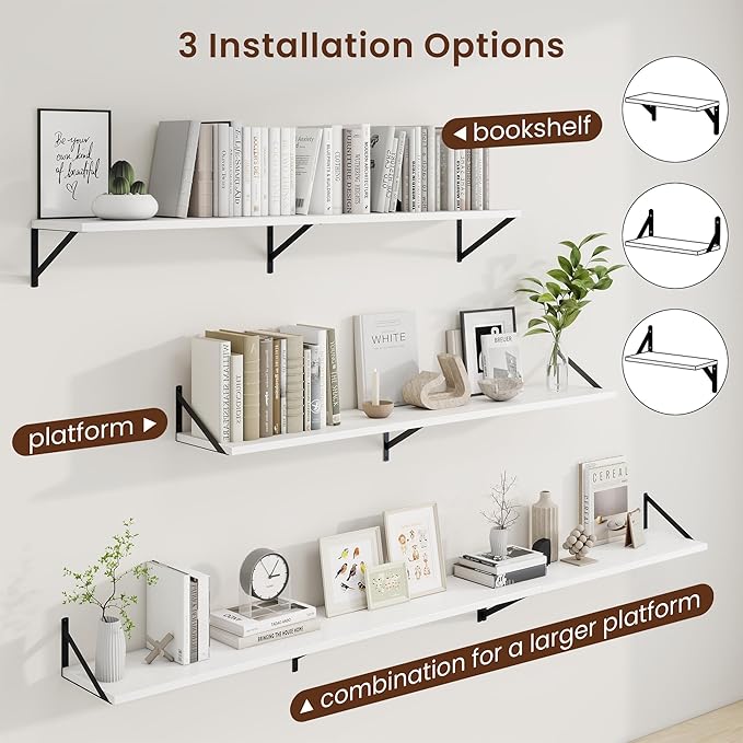 Axeman Deep Floating Shelves | 55 Inch White Wall Shelves Set of 2 | 10 Inch Deep Wood Floating Shelves for Wall | 55