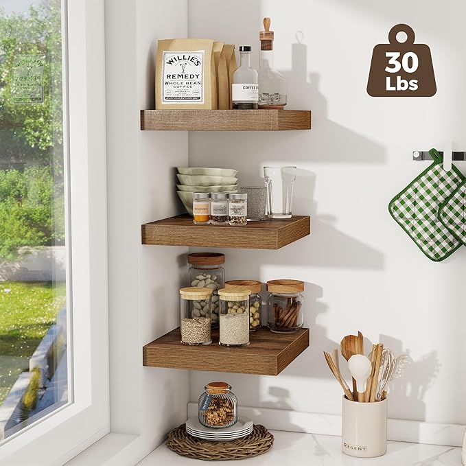 Fun Memories 12 Inch Square Floating Shelves 3 Pack - Wall Shelves with Invisible Brackets, Small Floating Shelves for Wall, Walnut Wood Shelves for Bathroom, Living Room, Bedroom, and Kitchen Decor