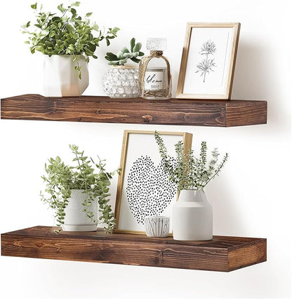 24x6.8x2 Inch Rustic Floating Shelves for Wall Set of 2 - Brown Solid Wood Wall Mounted Shelves with Invisible Bracket, Extended Design for Farmhouse Living Room Bedroom Kitchen Decor