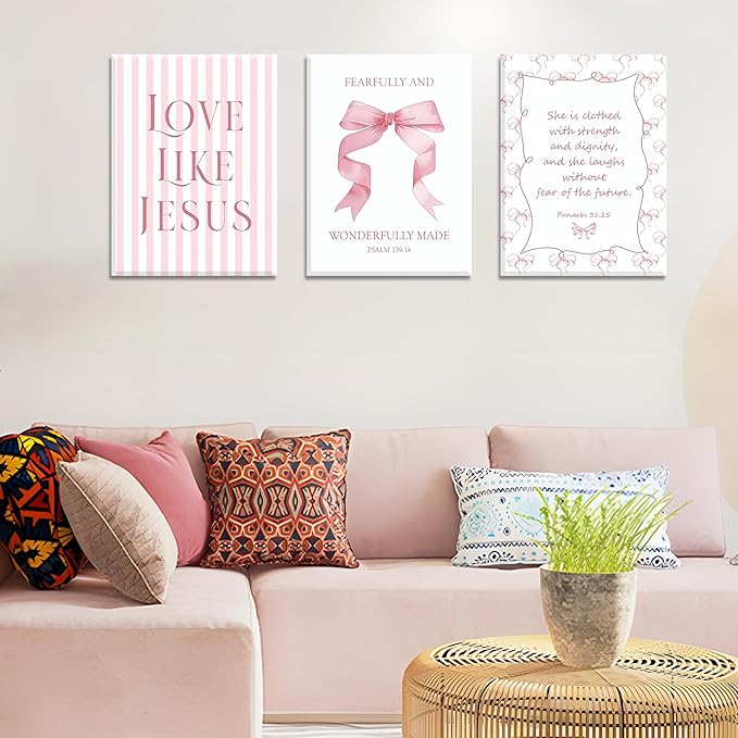 Coquette Pink Bow Wall Art Set of 3, Light Pink Bow Dorm Room Wall Decor Paintings, Inspirational Scripture Verses Canvas Posters Prints Pictures for Girls Dorm Room Bedroom Bathroom 12x16 Inch Framed