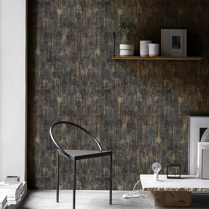 Simon&Siff Black and Gold Textured Wallpaper Distressed Industrial Metallic Wallpaper 17.3in x 39.4ft Non Woven Wall Paper for Bedroom Livingroom 3D Embossed Traditional Wall Paper Non-Pasted