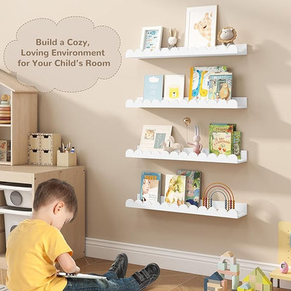 Fun Memories 24 Inch White Nursery Book Shelf, Scalloped Picture Ledge for Wall, Set of 4, Floating Shelves for Toddler Room, Kids Rooms, Bedroom