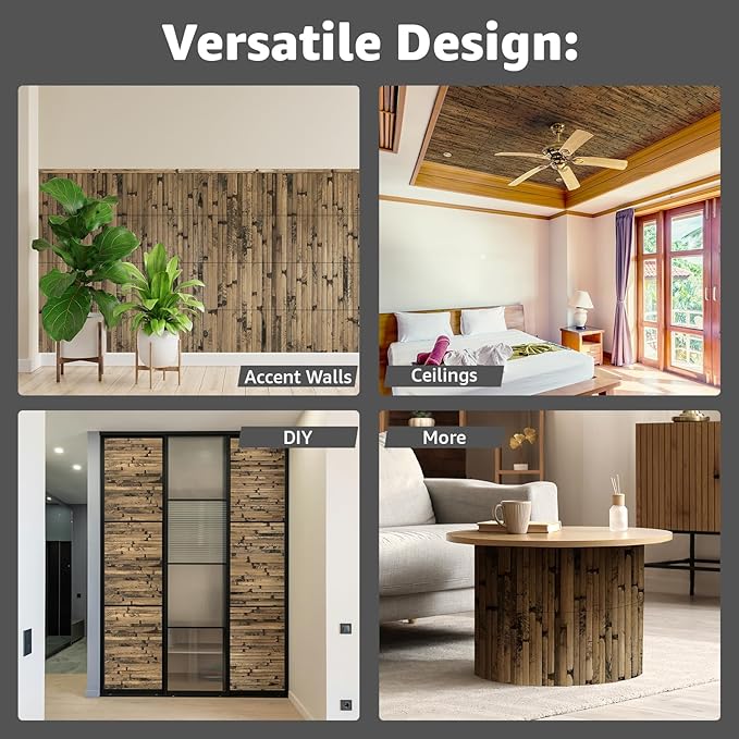 Art3d Natural Bamboo Wall Panel for Interior Wall Decor, Renewable Pole Wrap Wainscoting Paneling for Wall Ceiling Furniture Cabinet Office, 12 x 96 Inch - Dark Burned