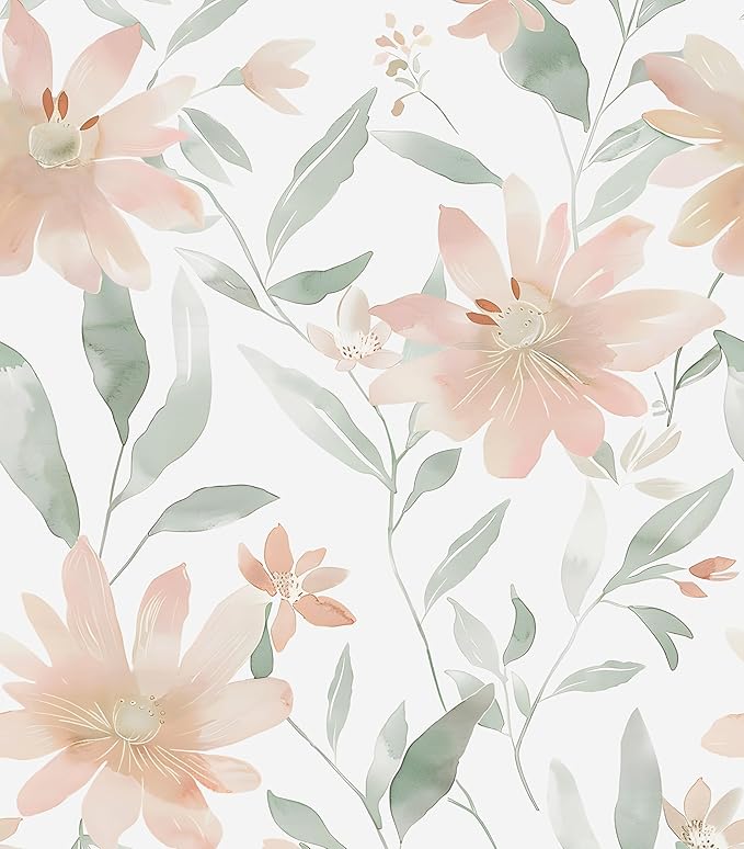 Vintage Floral Wallpaper Peel and Stick Pink Flowers Contact Paper 17.5'' x 393'' Green leaf Wallpaper Vinyl Waterproof Self Adhesive Boho Leaves Modern Wall Paper for Bedroom Cabinet Countertop Decor