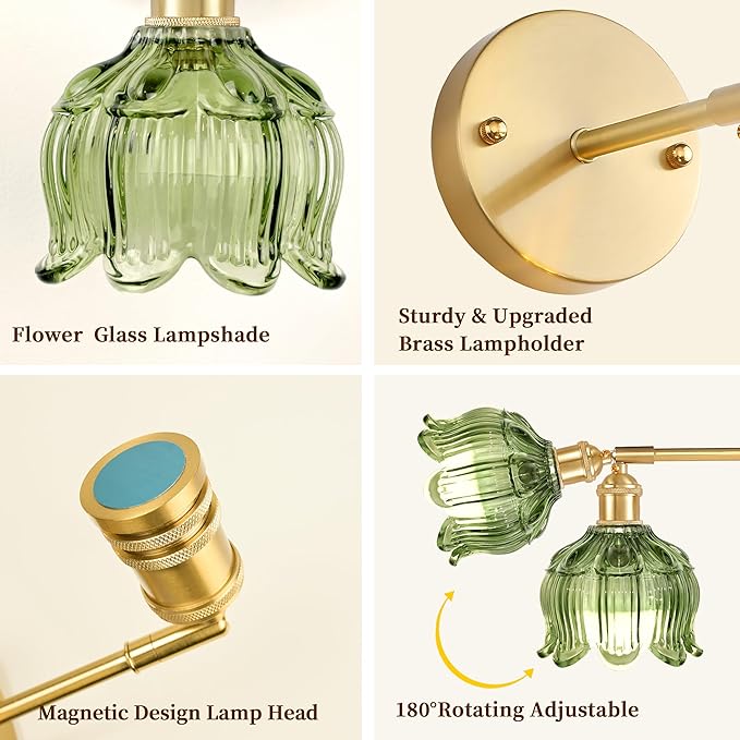 Vintage Battery Wall Sconce with Flower lampshade,Rechargeable Battery Powered Wall Lights,Wall lamp with 15 Colors for Bedroom Living Room Home Decor (Flower Green, 2 Light Battery Operated)