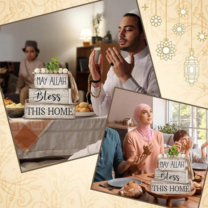 5 Pcs Islamic Table Decor Farmhouse Eid Ramadan Tiered Tray Decor White Stacked Books with Wood Bead Tassels Eucalyptus Leaves Eid Ramadan Block Signs Islamic Decoration for Home Kitchen